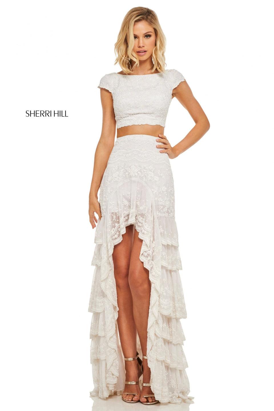 Sherri Hill Two-piece Bohemian Dress With A Cap Sleeve Bodice And Layered High Low Skirt