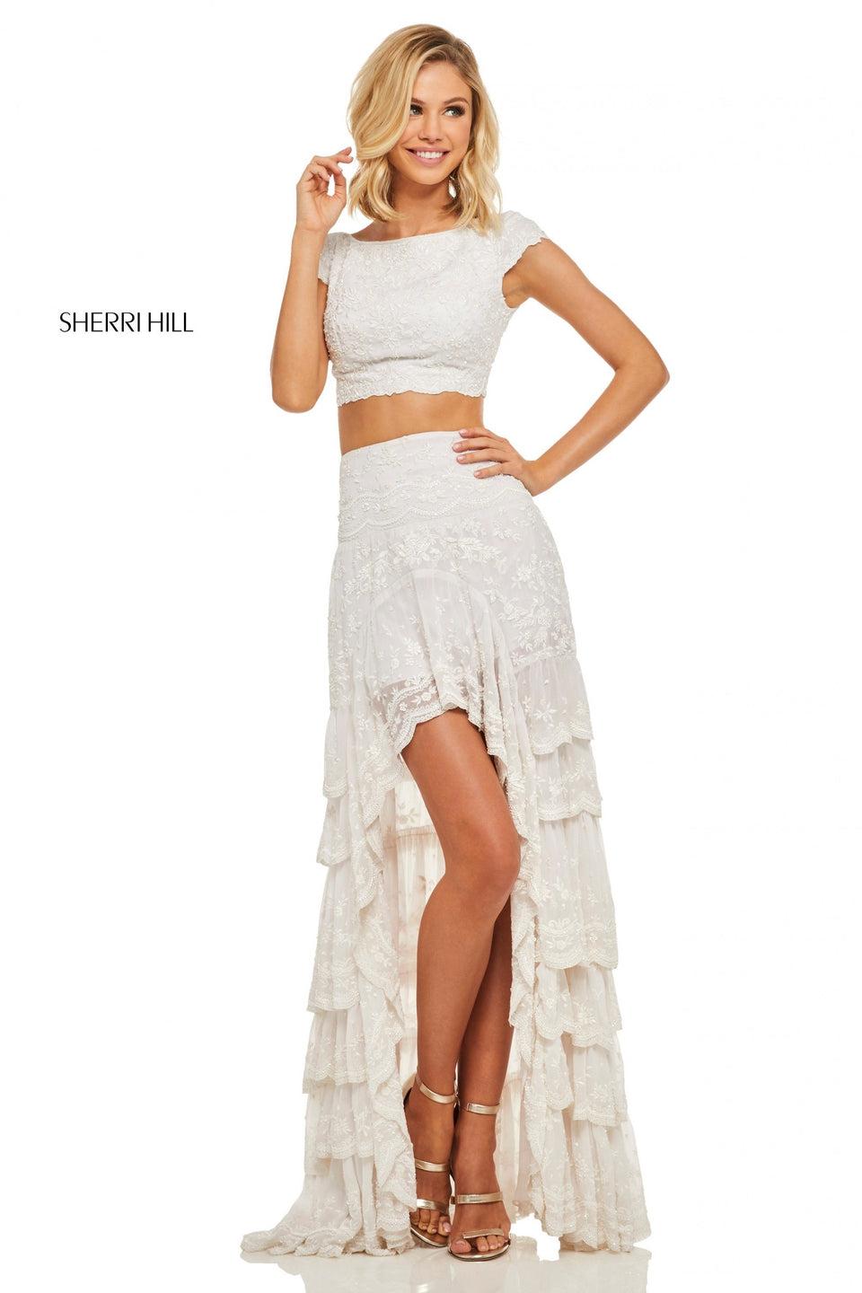 Sherri Hill Two-piece Bohemian Dress With A Cap Sleeve Bodice And Layered High Low Skirt