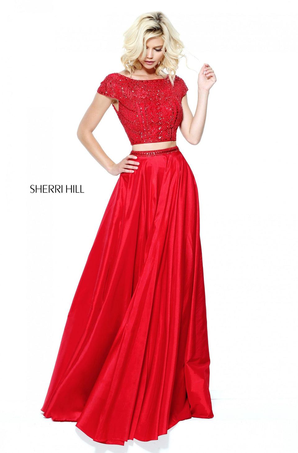 sherri hill Two-piece cap sleeve fully beaded bodice with taffeta A-line skirt