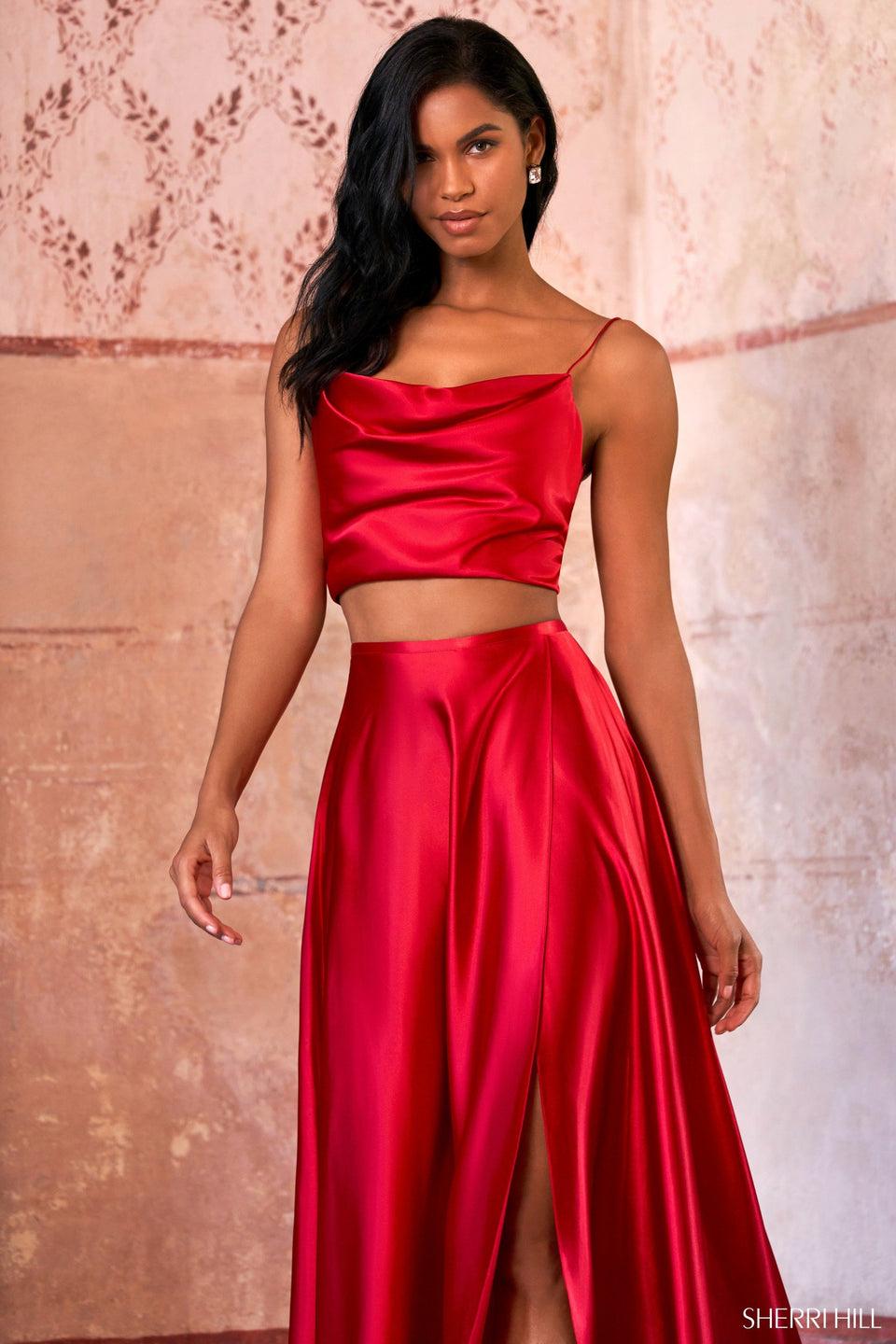 Sherri Hill Two-piece Charmeuse Gown With A Cowl Neckline And High Skirt Slit