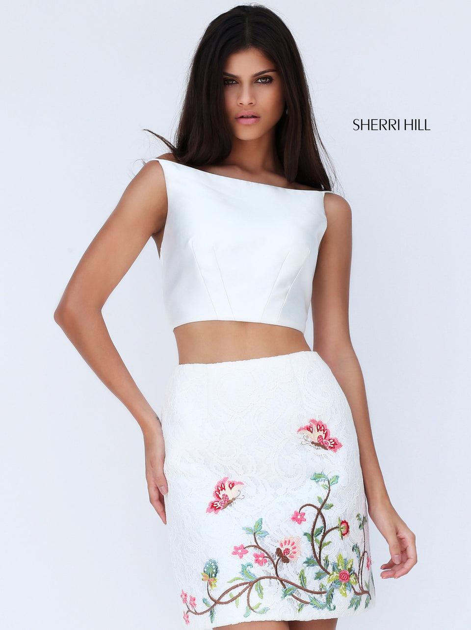 Sherri Hill Two-piece Cocktail Dress With Fitted Lace Embroidered Skirt And Boat Neck Bodice