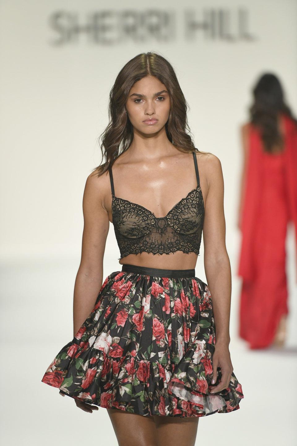 sherri hill Two-piece cocktail dress with lace bodice and floral print skirt