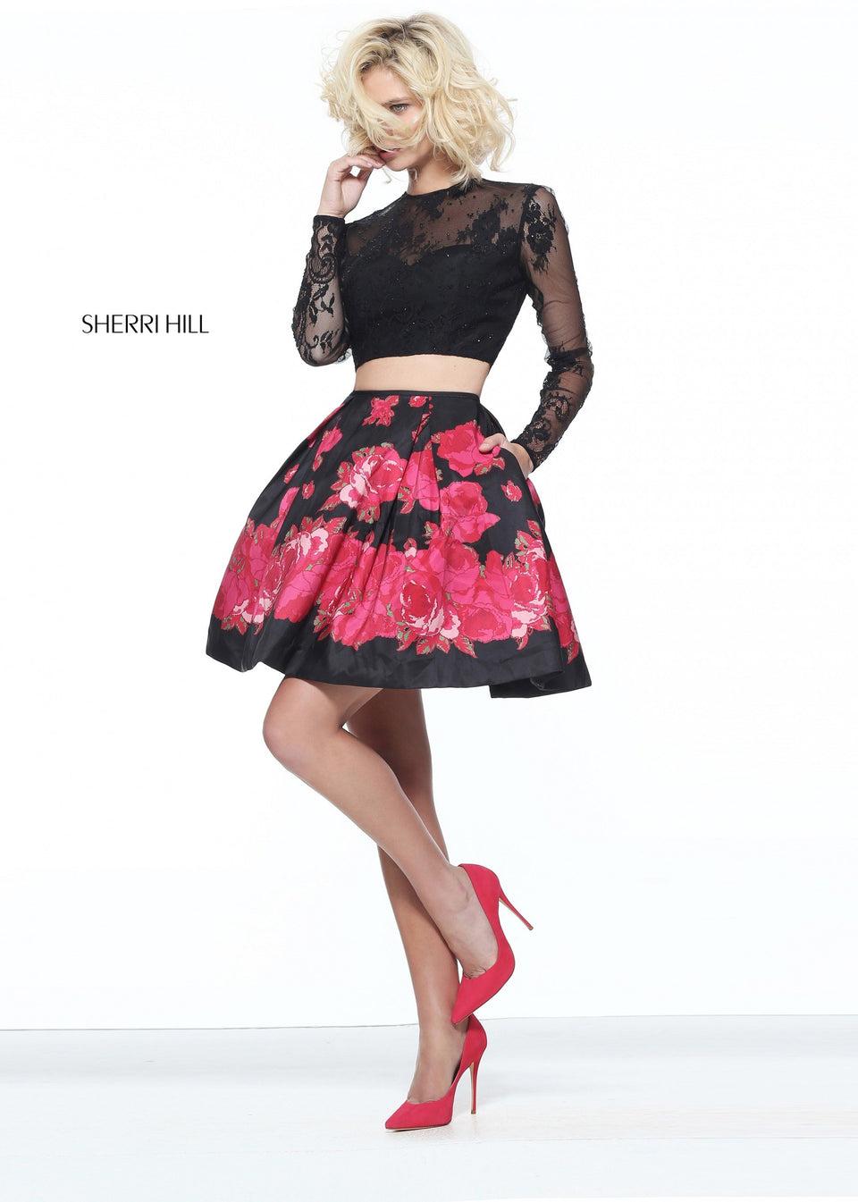 Sherri Hill Two-piece Cocktail With A Long Sleeve Lace Bodice And Red Floral Print Skirt