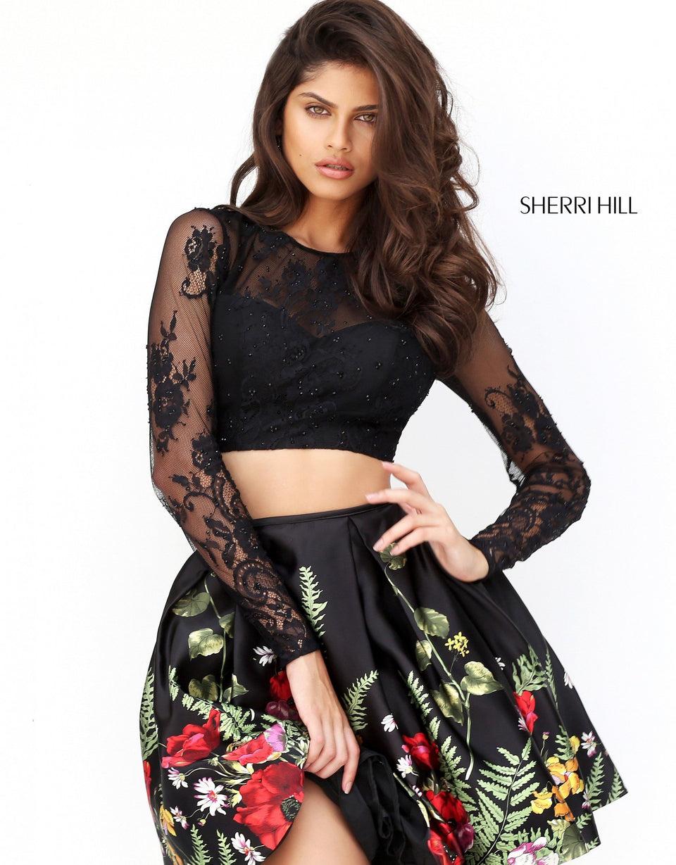 Sherri Hill Two Piece Cocktail With A Long Sleeve Lace Bodice And Floral Skirt
