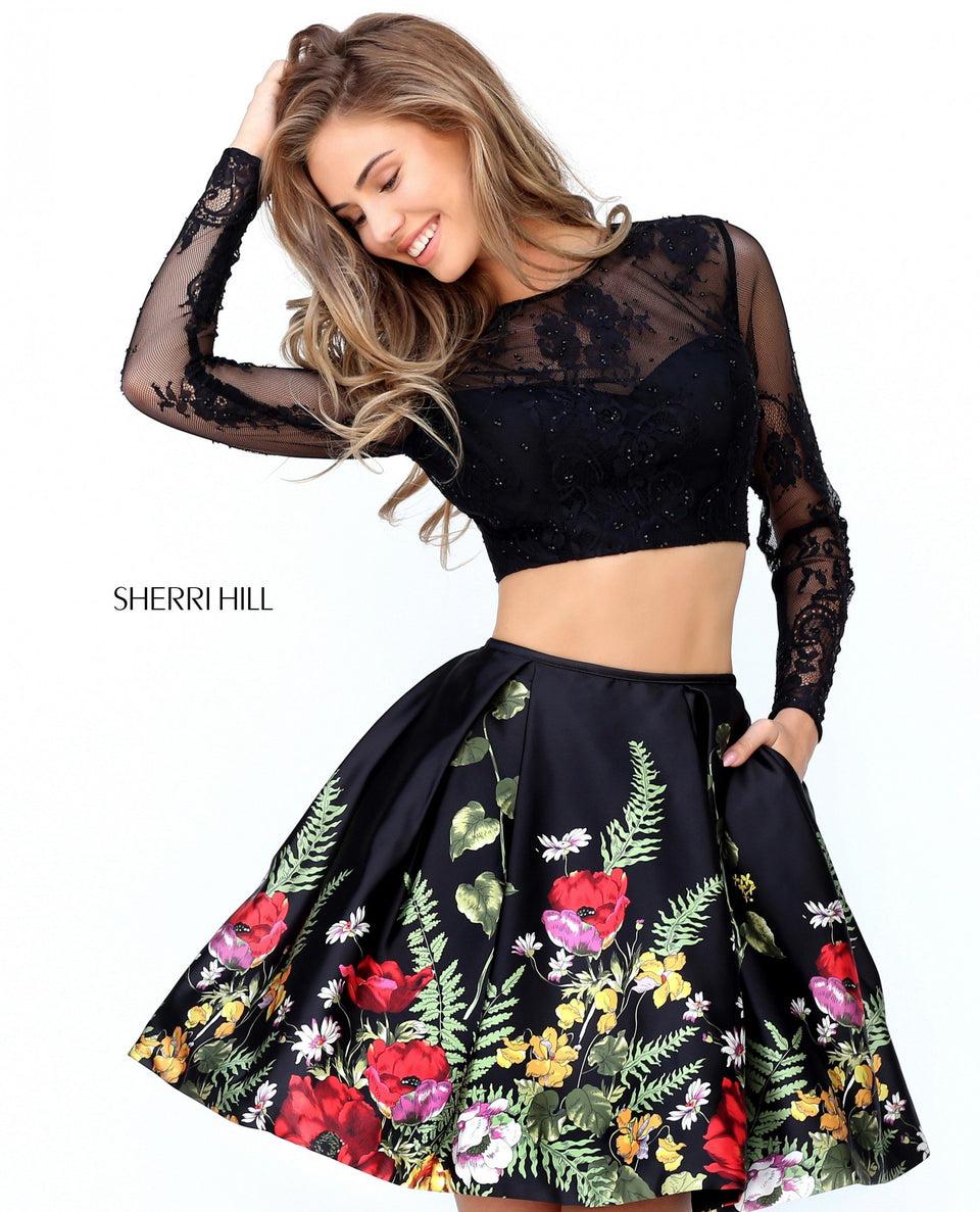 sherri hill Two piece cocktail with a long sleeve lace bodice and floral skirt