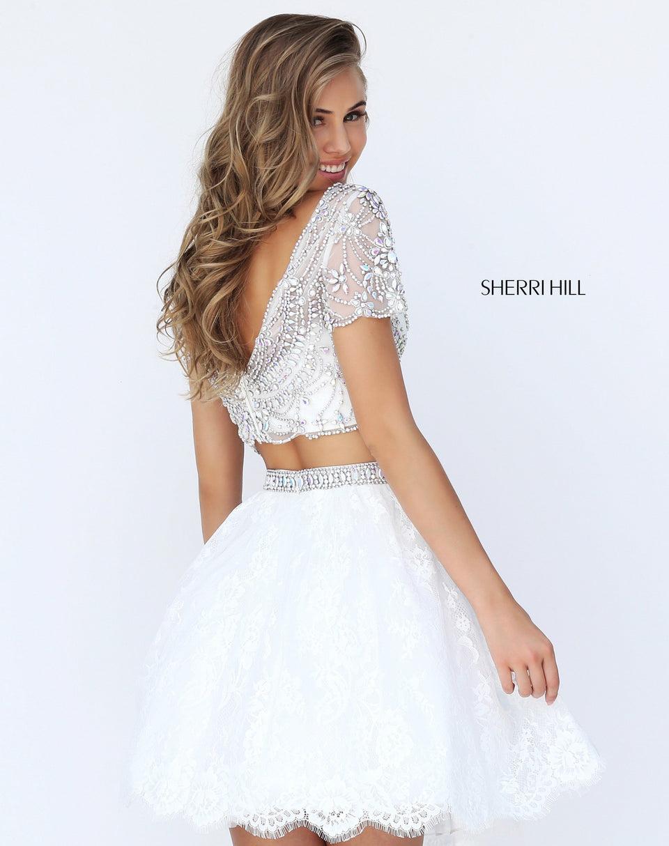 Sherri Hill Two-piece Cocktail With Short Sleeve Beaded Bodice And Lace Skirt