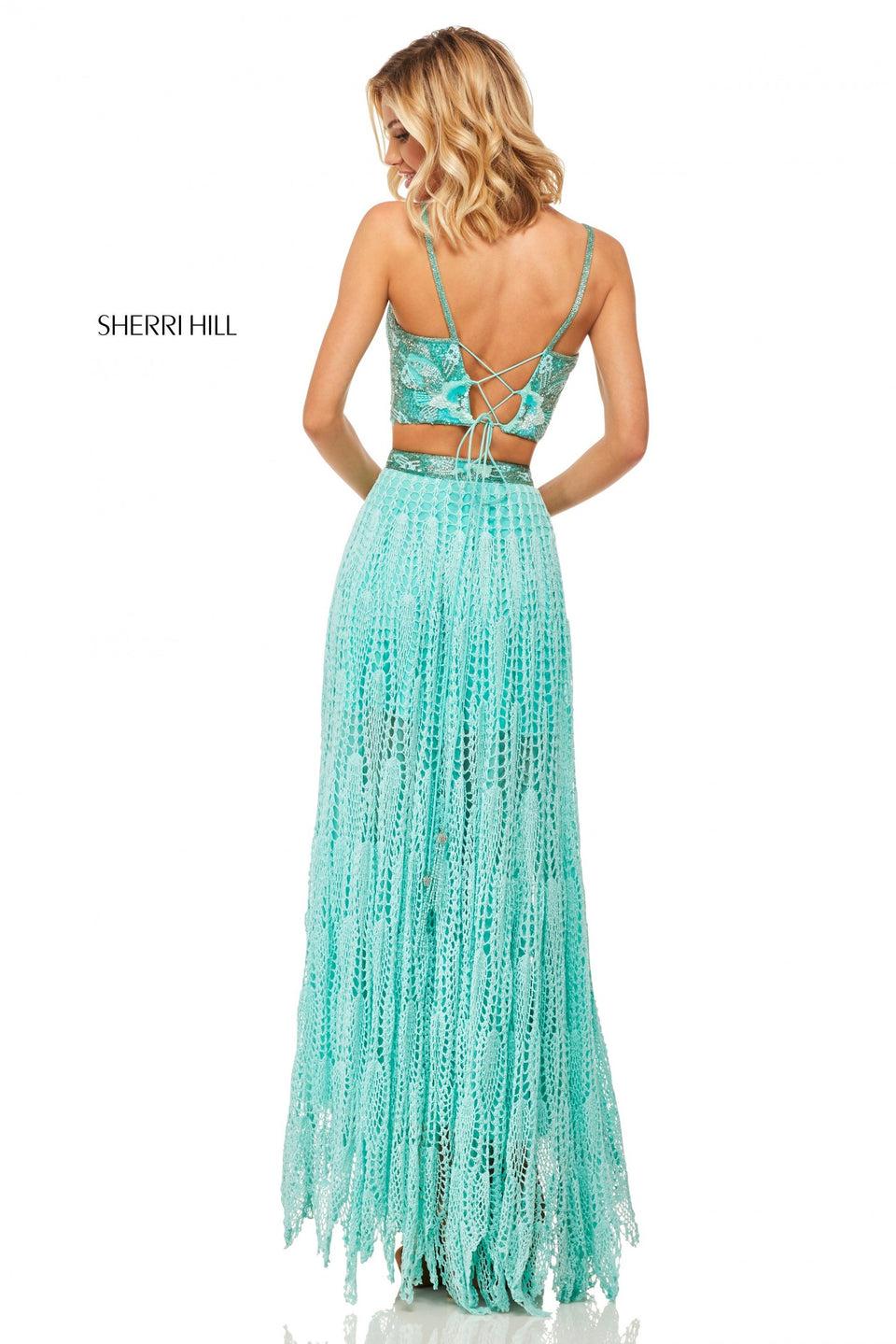 Sherri Hill Two-piece Crochet Dress With Beaded V-neck Bodice And Lace Up Back