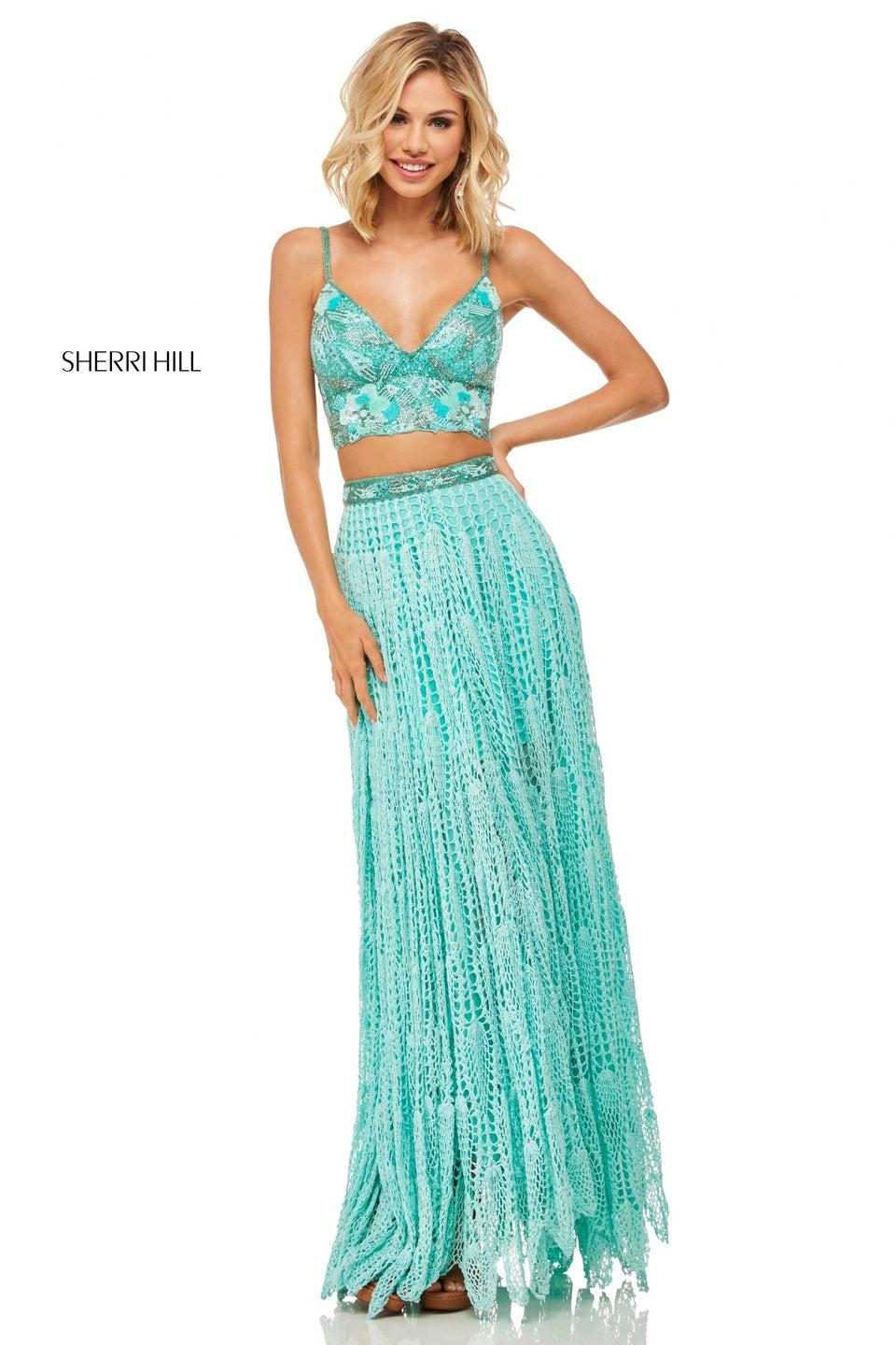 Sherri Hill Two-piece Crochet Dress With Beaded V-neck Bodice And Lace Up Back