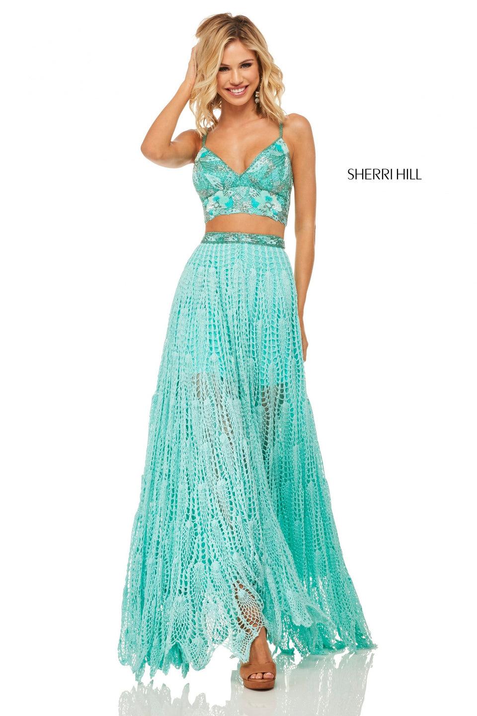 Sherri Hill Two-piece Crochet Dress With Beaded V-neck Bodice And Lace Up Back
