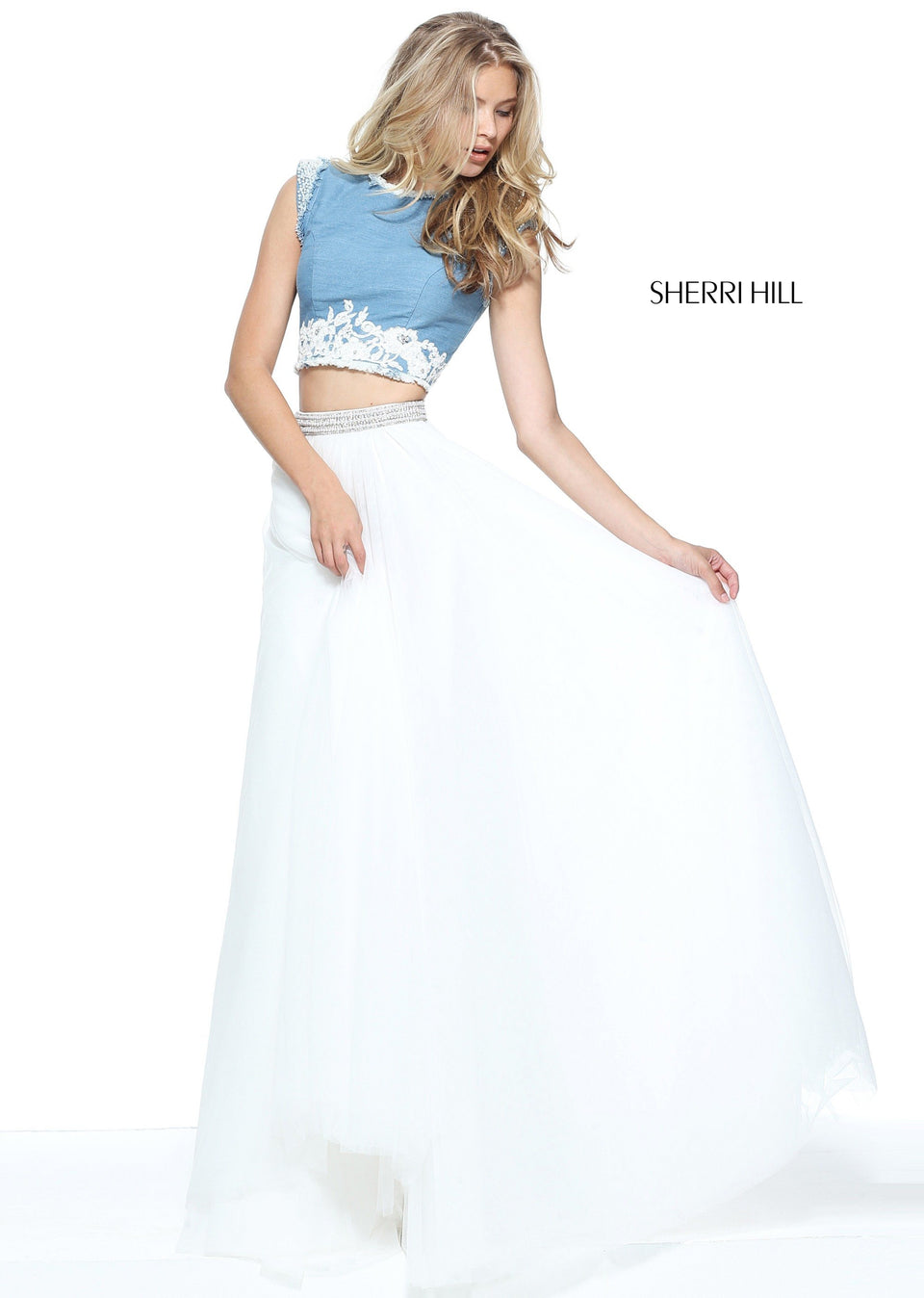 Sherri Hill Two-piece Denim Bodice With Beaded Shoulders And A Tulle Skirt
