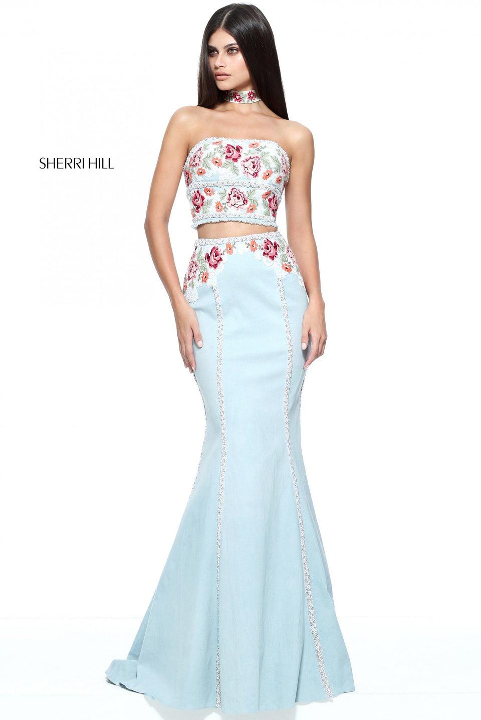 Sherri Hill Two-piece Denim Mermaid With A Strapless Cross Stitch Floral Embroidered Bodice And Matching Choker