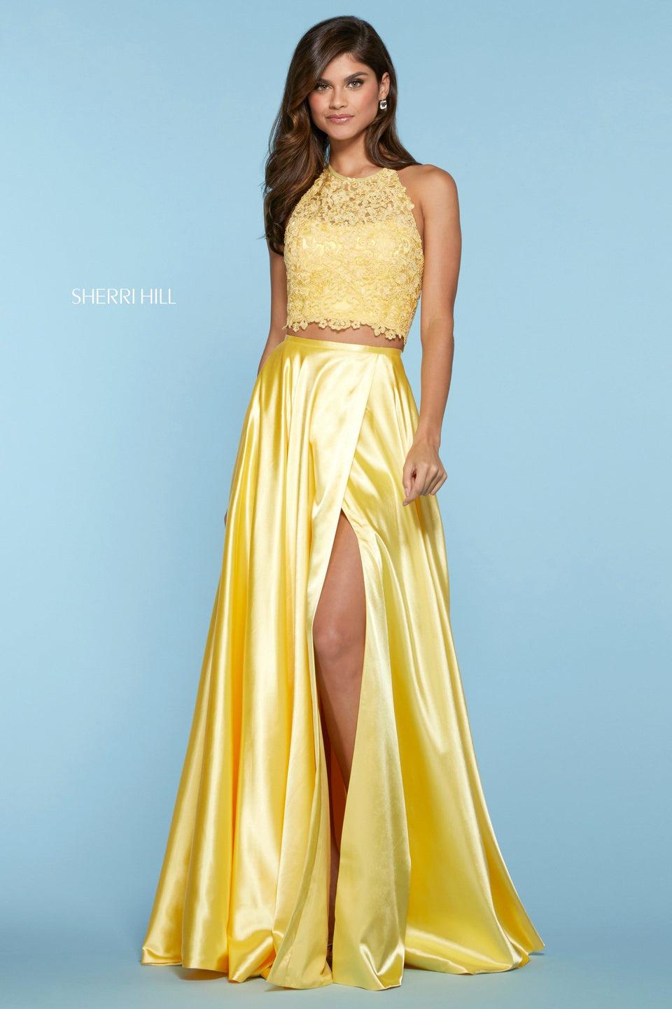 Sherri Hill Two Piece Dress With Lace Hight-cut Halter Top And Satin A-line Skirt With Slit