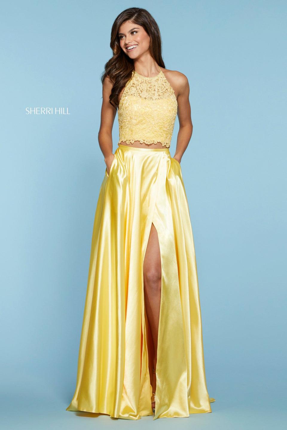 Sherri Hill Two Piece Dress With Lace Hight-cut Halter Top And Satin A-line Skirt With Slit