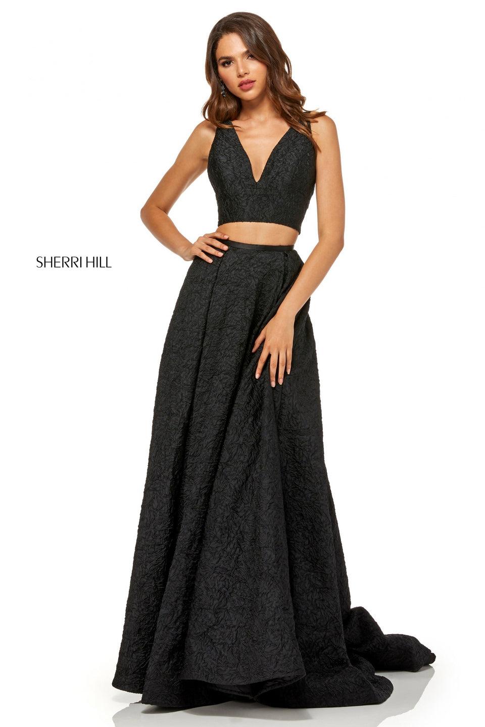 Sherri Hill Two-piece Embossed Satin A-line Skirt With V-neck Bodice