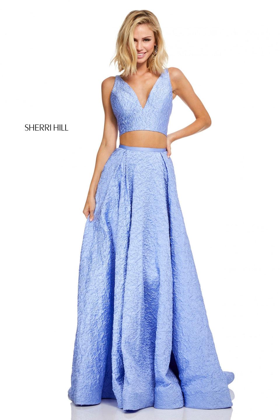 sherri hill Two-piece embossed satin A-line skirt with V-neck bodice