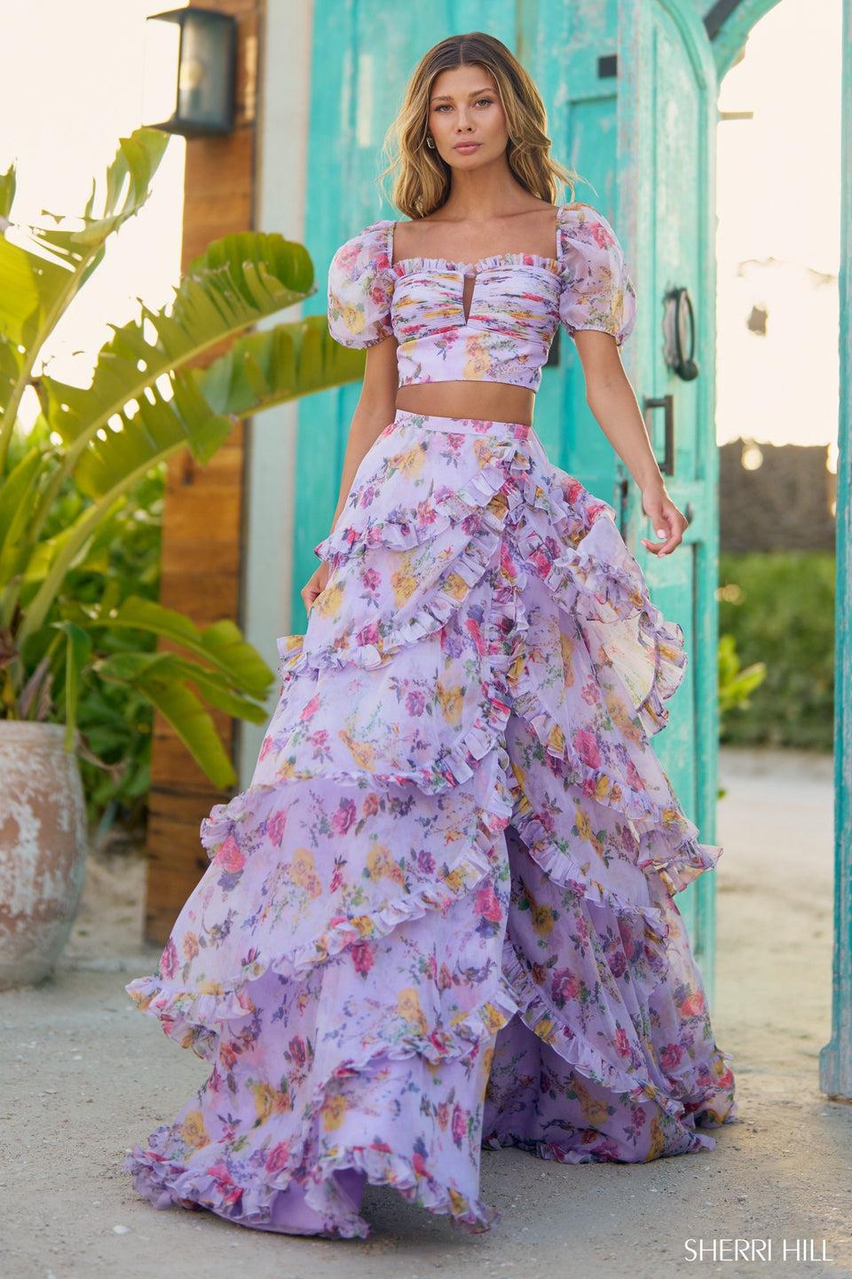 sherri hill Two-piece floral chiffon gown with balloon sleeves and ruffle skirt slit