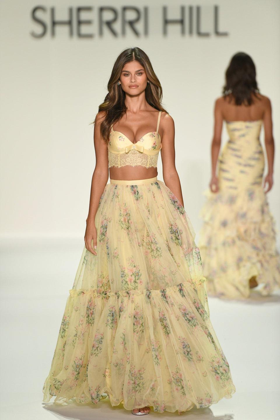 Sherri Hill Two-piece Floral Gown With Lace Details On Bodice