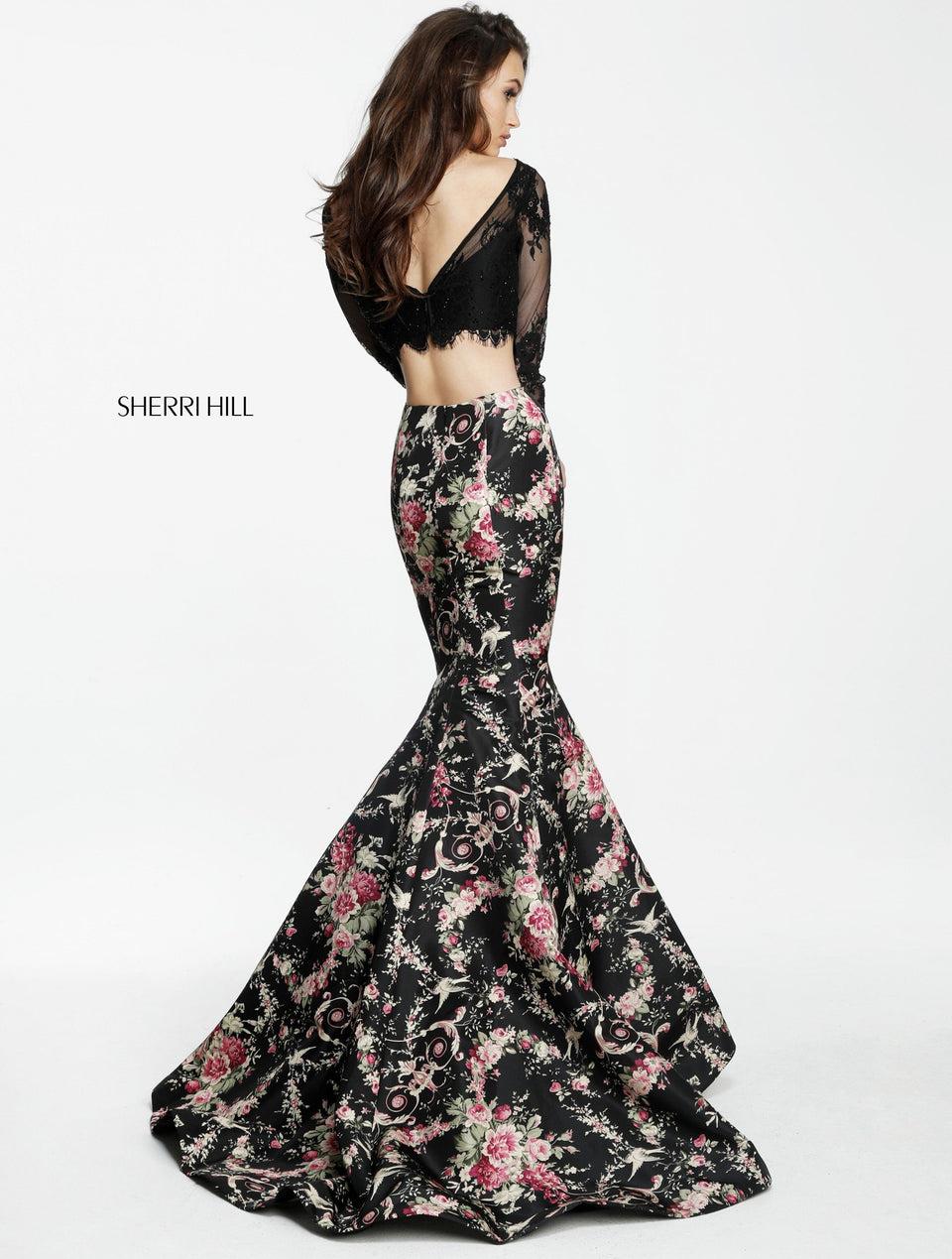 Sherri Hill Two-piece Floral Print Mermaid With A Lace Long Sleeve Bodice