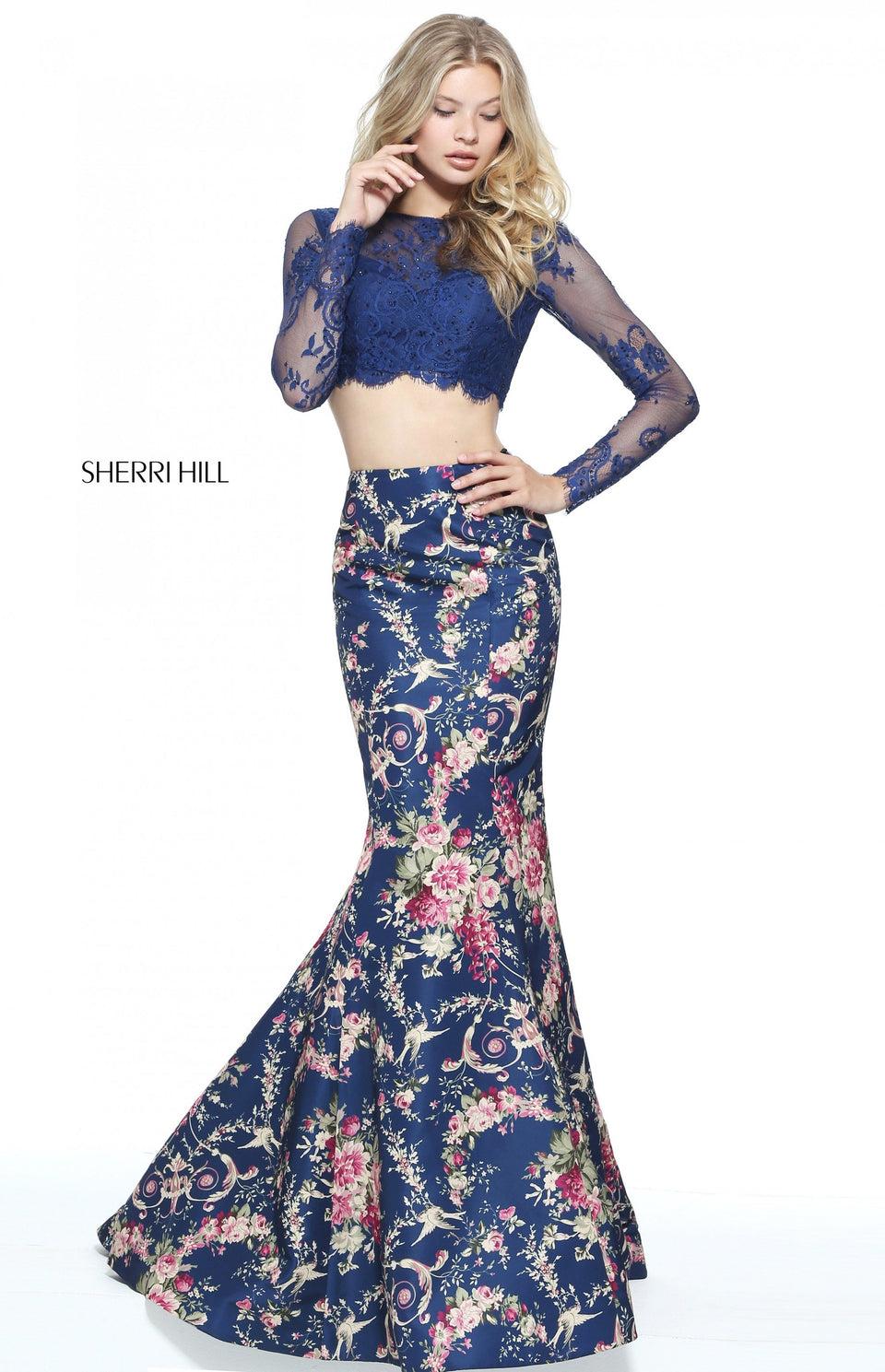 sherri hill Two-piece floral print mermaid with a lace long sleeve bodice