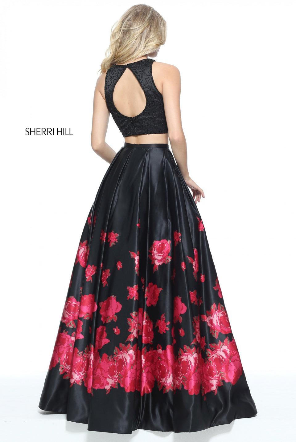 Sherri Hill Two-piece Floral Print Satin Ball Gown With Beaded Bodice