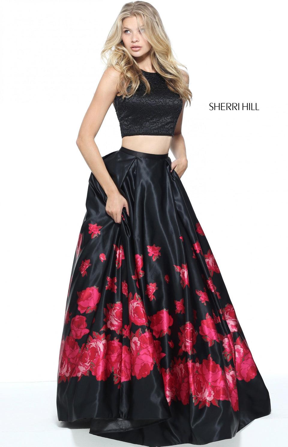 Sherri Hill Two-piece Floral Print Satin Ball Gown With Beaded Bodice