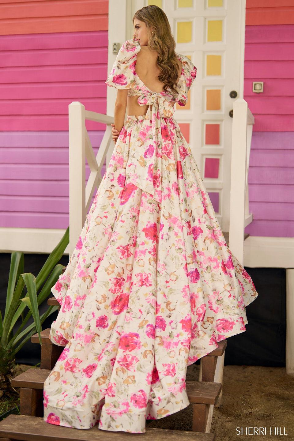 Sherri Hill Two-piece Floral Taffeta Gown With Balloon Sleeves And Skirt Slit