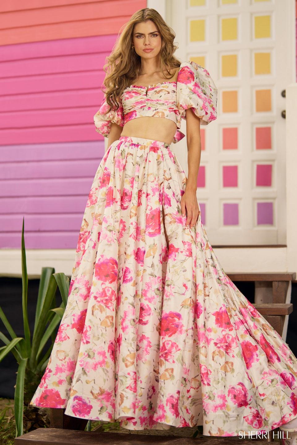 sherri hill Two-piece floral taffeta gown with balloon sleeves and skirt slit