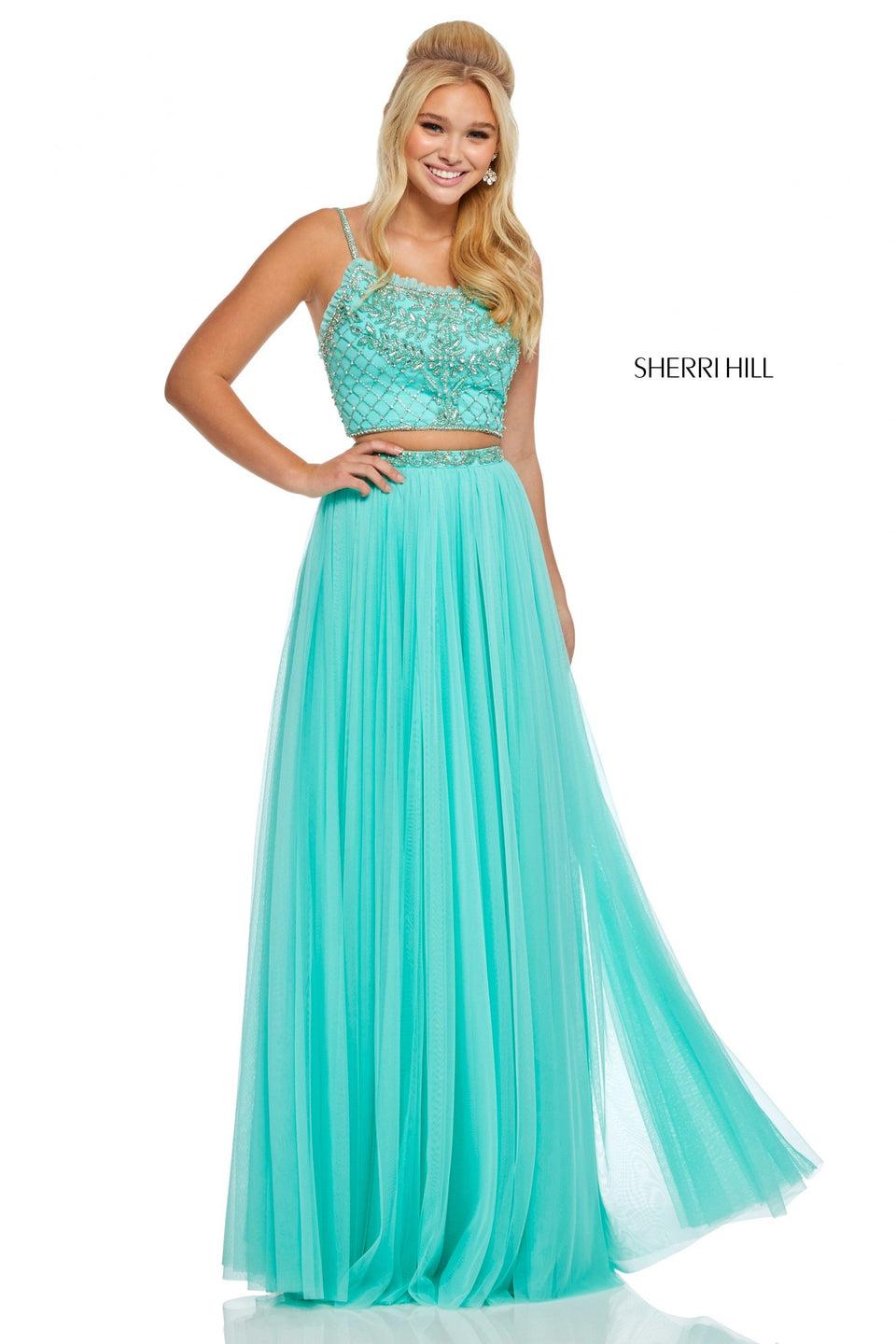 Sherri Hill Two-piece Gown With A Beaded Bodice Tie Back And Tulle Skirt