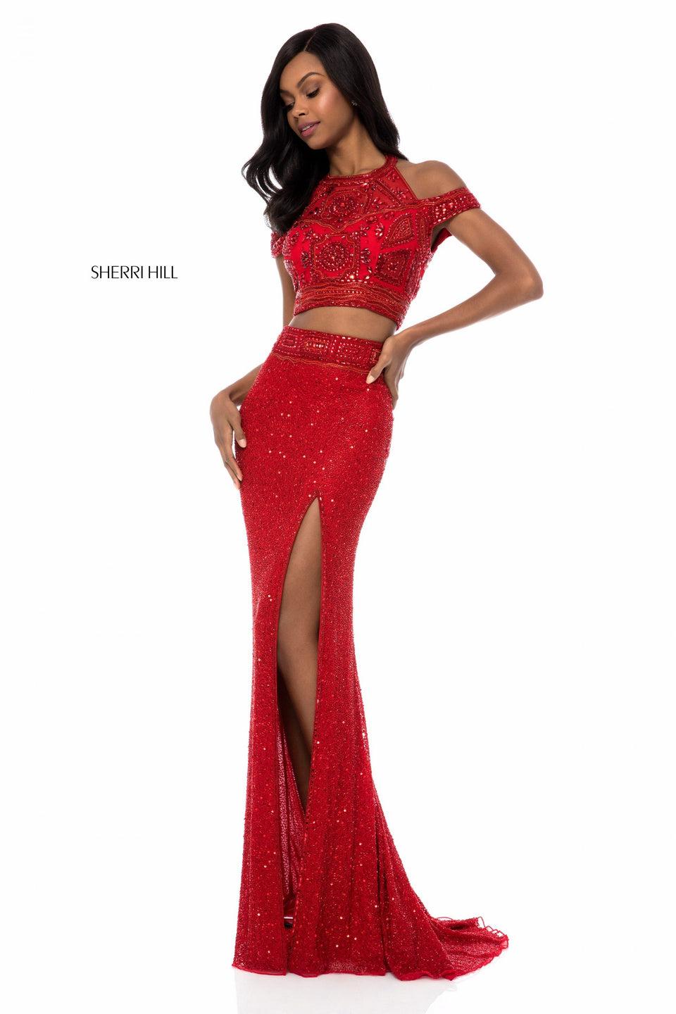 sherri hill Two piece gown with beaded high neck bodice and sequin slit skirt