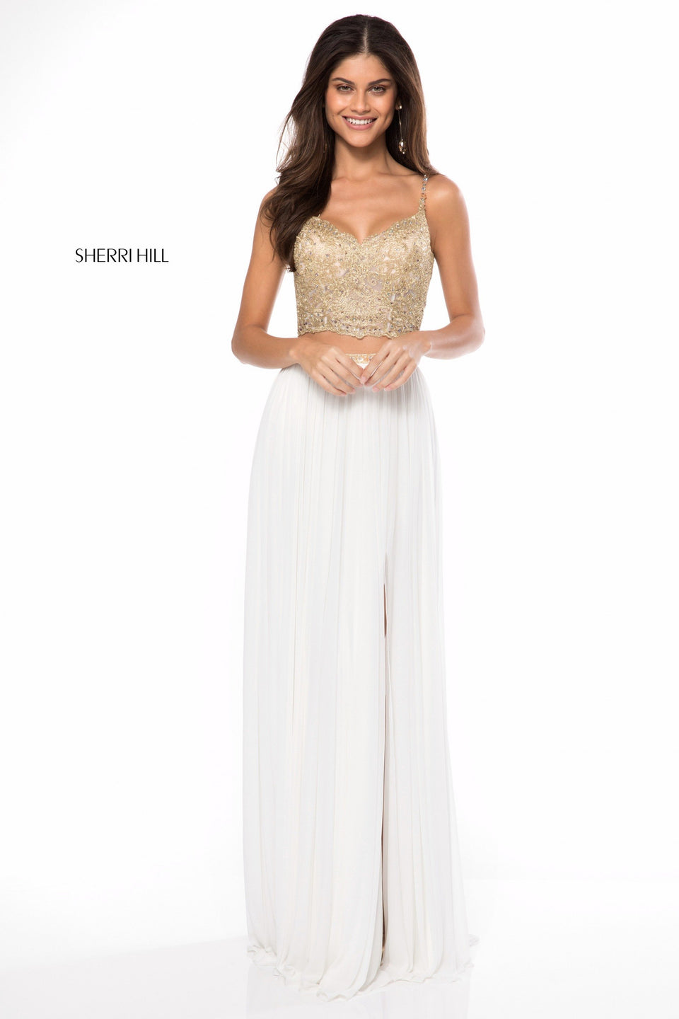 Sherri Hill Two Piece Gown With Lace Sweetheart Bodice And Chiffon Slit Skirt