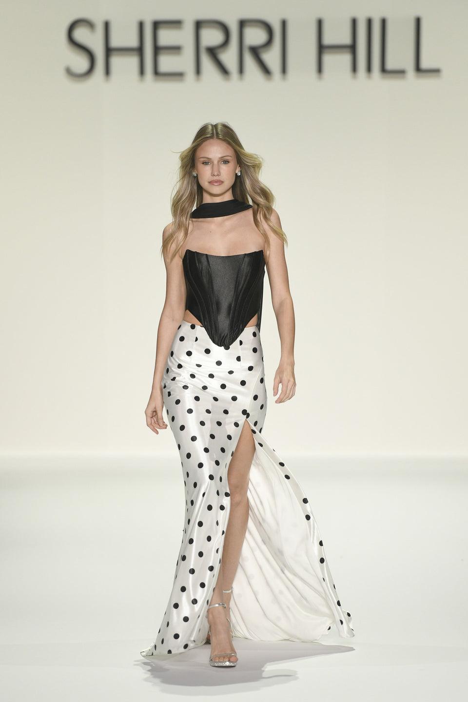 Sherri Hill Two Piece Gown With Strapless Corset Bodice A Polka Dot Skirt With Slit And A Neck Scarf