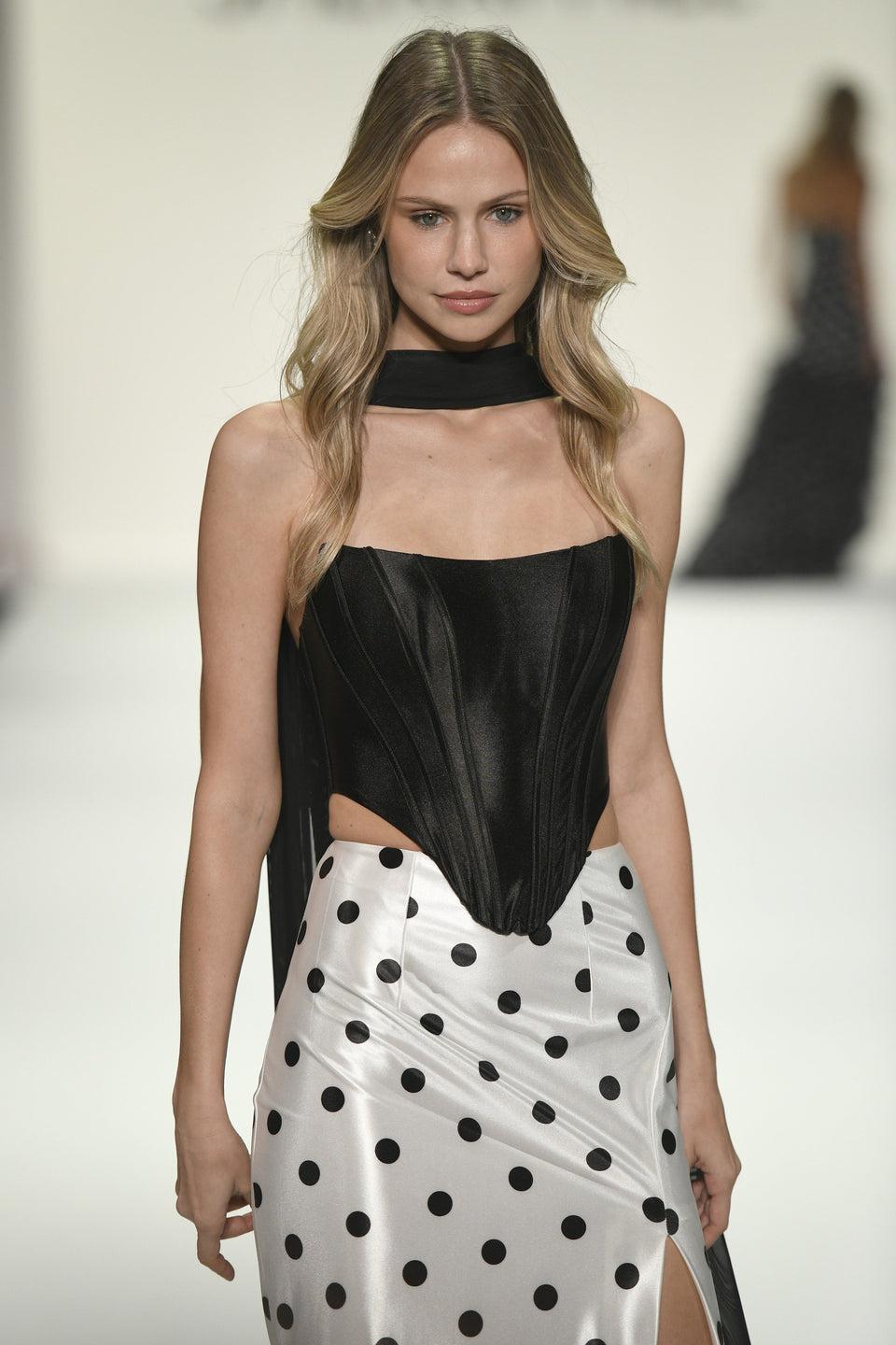 sherri hill Two piece gown with strapless corset bodice a polka dot skirt with slit and a neck scarf