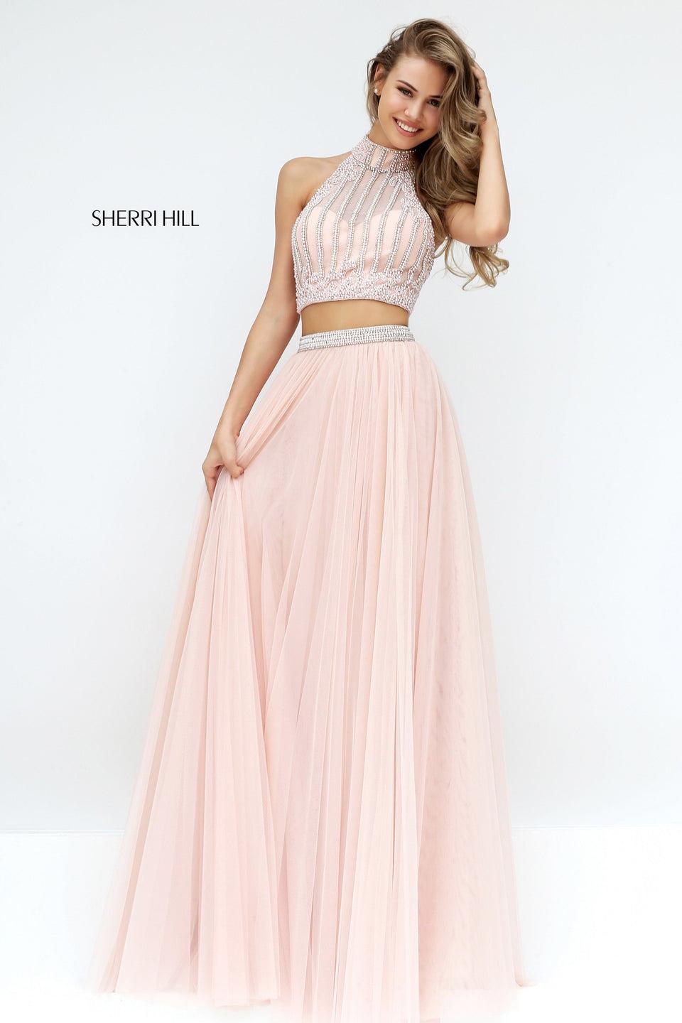 sherri hill Two-piece high neck beaded bodice with keyhole back and gathered tulle skirt