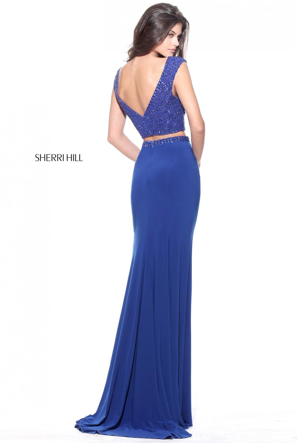 Sherri Hill Two-piece Jersey With A Cap Sleeve Beaded Bodice And Matching Waist Band