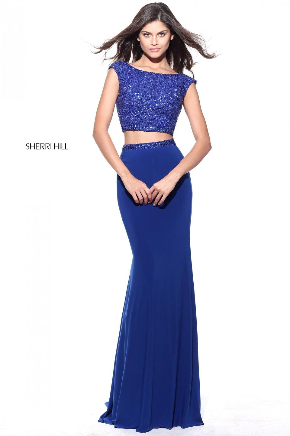 sherri hill Two-piece jersey with a cap sleeve beaded bodice and matching waist band