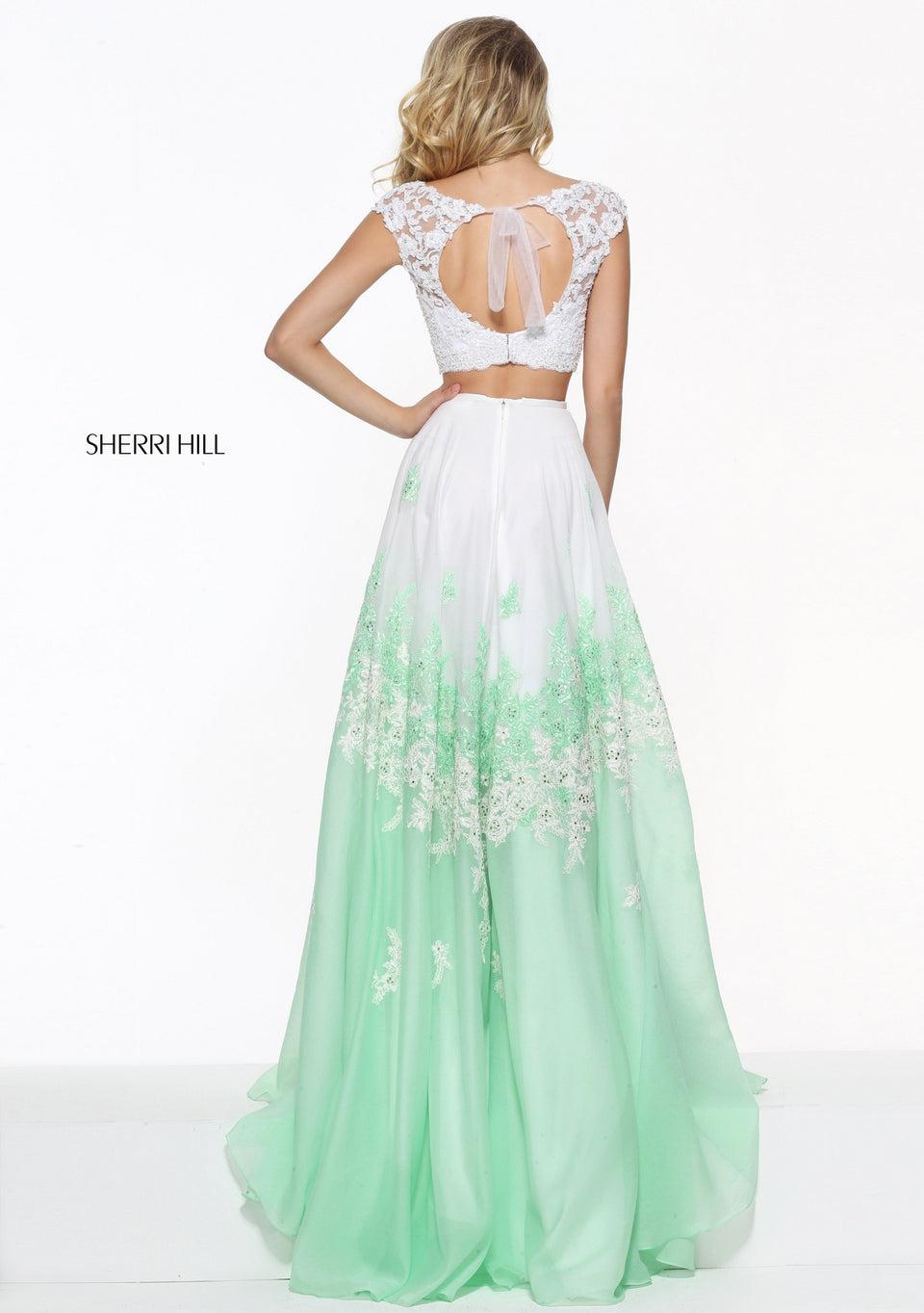 Sherri Hill Two Piece Lace Bodice With A Linen And Lace Embroidered Skirt