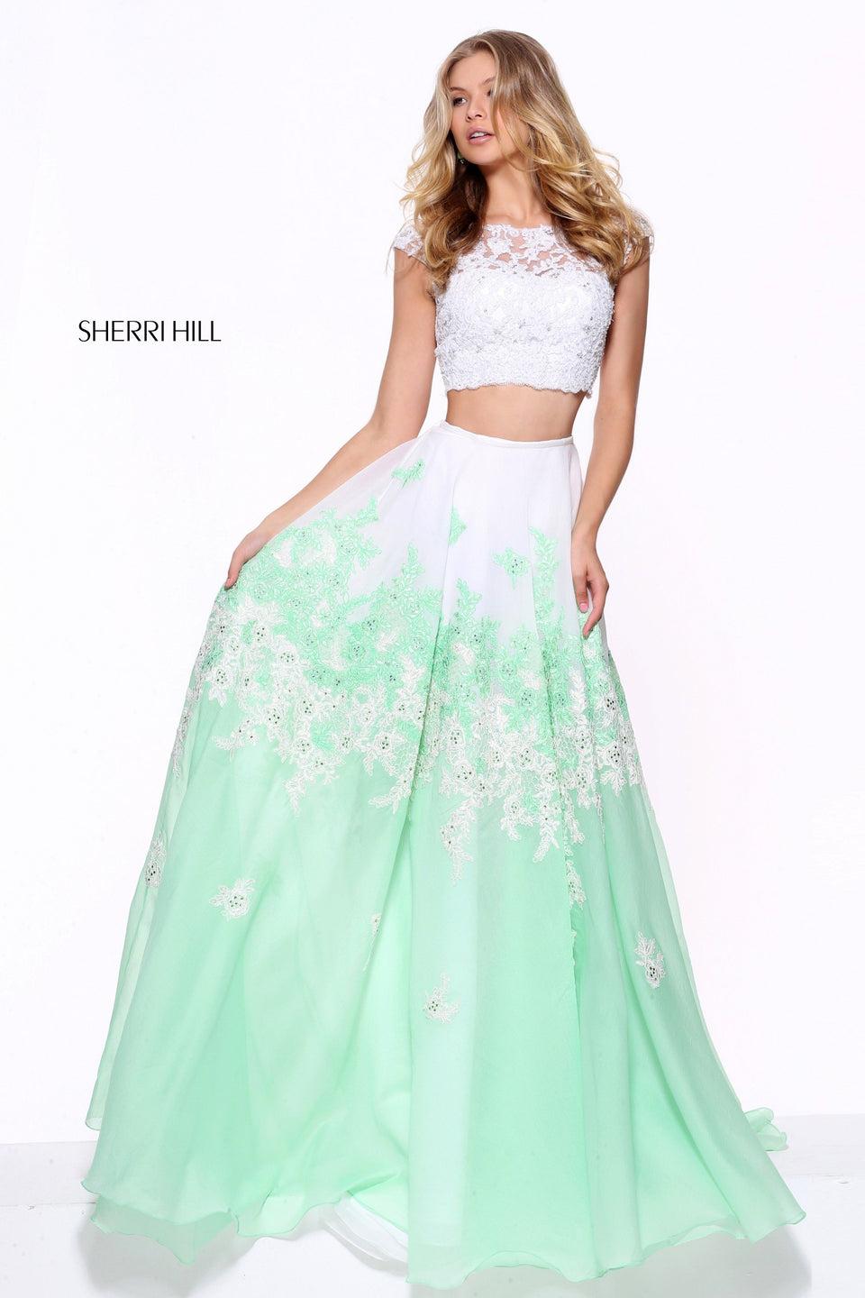 sherri hill Two piece lace bodice with a linen and lace embroidered skirt