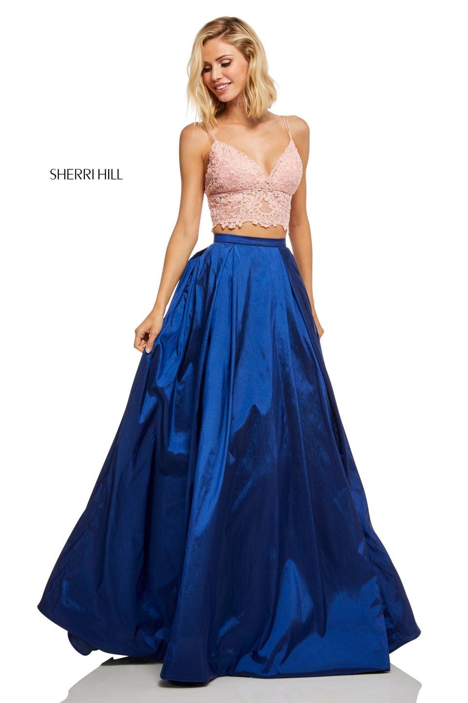 Sherri Hill Two-piece Lace Deep-V Neckline Bodice And Rich Metallic A-line Skirt
