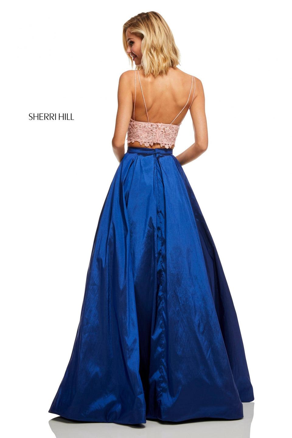 Sherri Hill Two-piece Lace Deep-V Neckline Bodice And Rich Metallic A-line Skirt