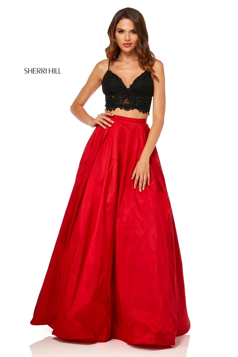 Sherri Hill Two-piece Lace Deep-V Neckline Bodice And Rich Metallic A-line Skirt