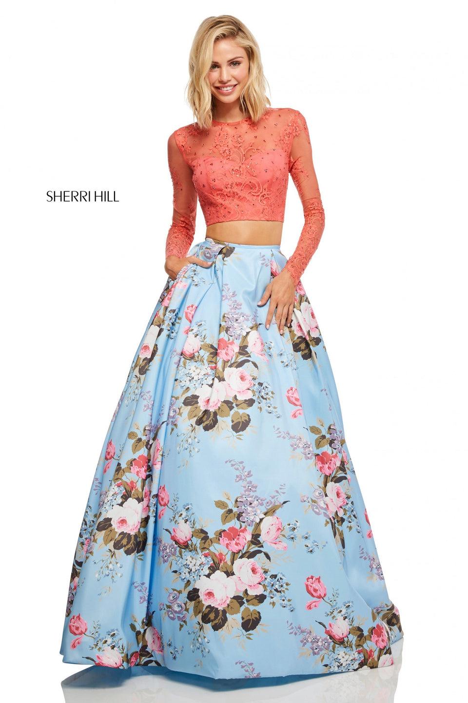 Sherri Hill Two-piece Lace Long Sleeve Bodice And Floral Print Mikado Ball Gown Skirt