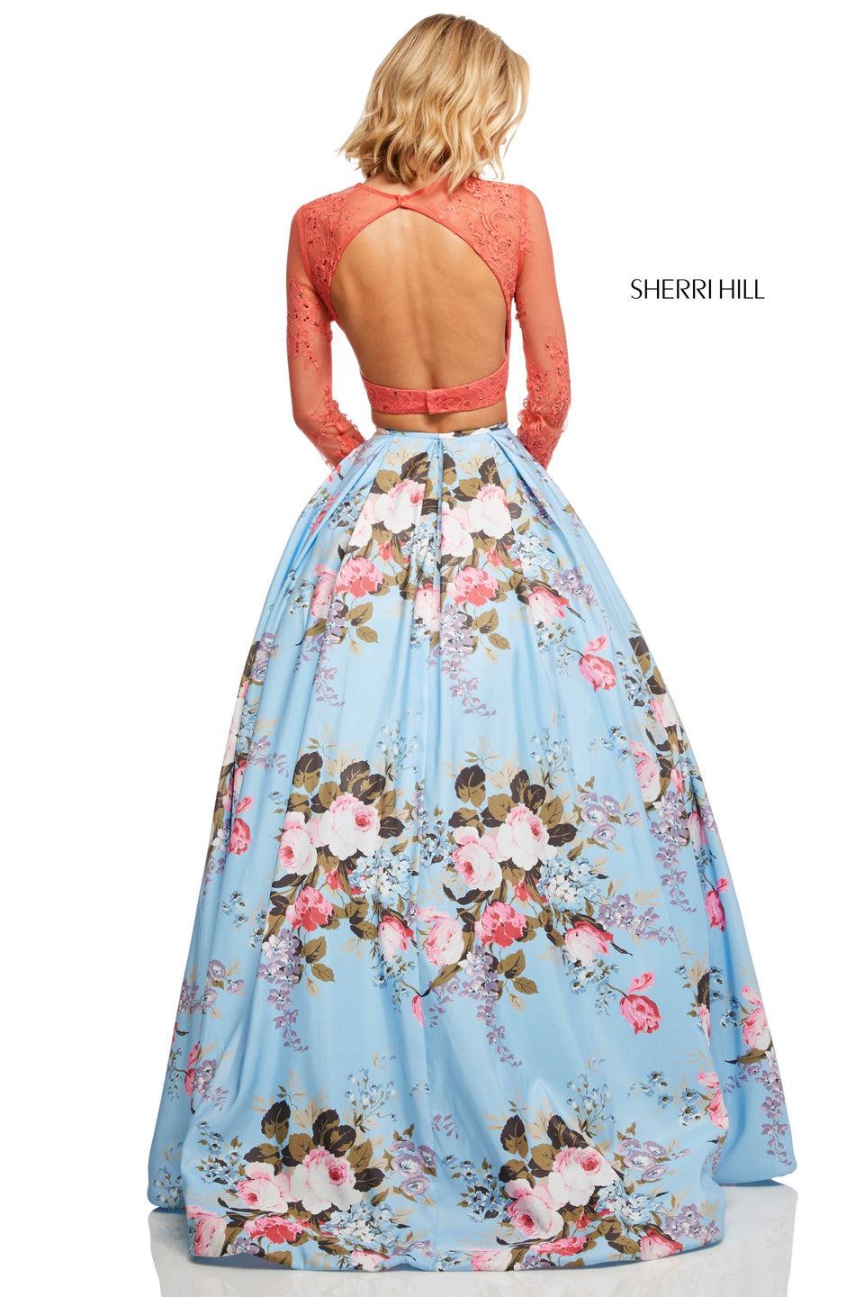 Sherri Hill Two-piece Lace Long Sleeve Bodice And Floral Print Mikado Ball Gown Skirt