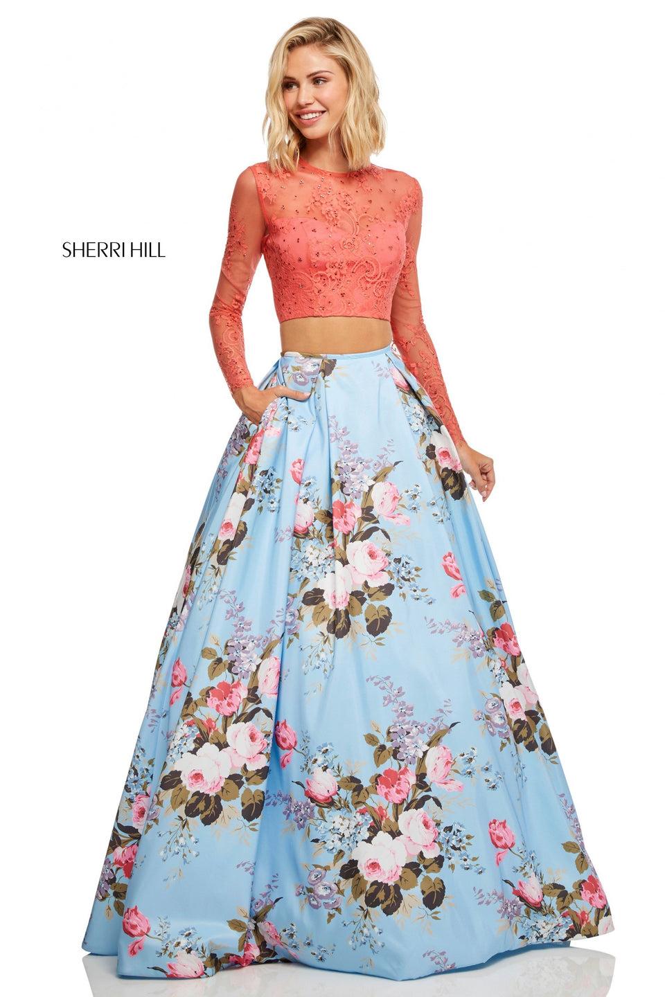 sherri hill Two-piece lace long sleeve bodice and floral print mikado ball gown skirt