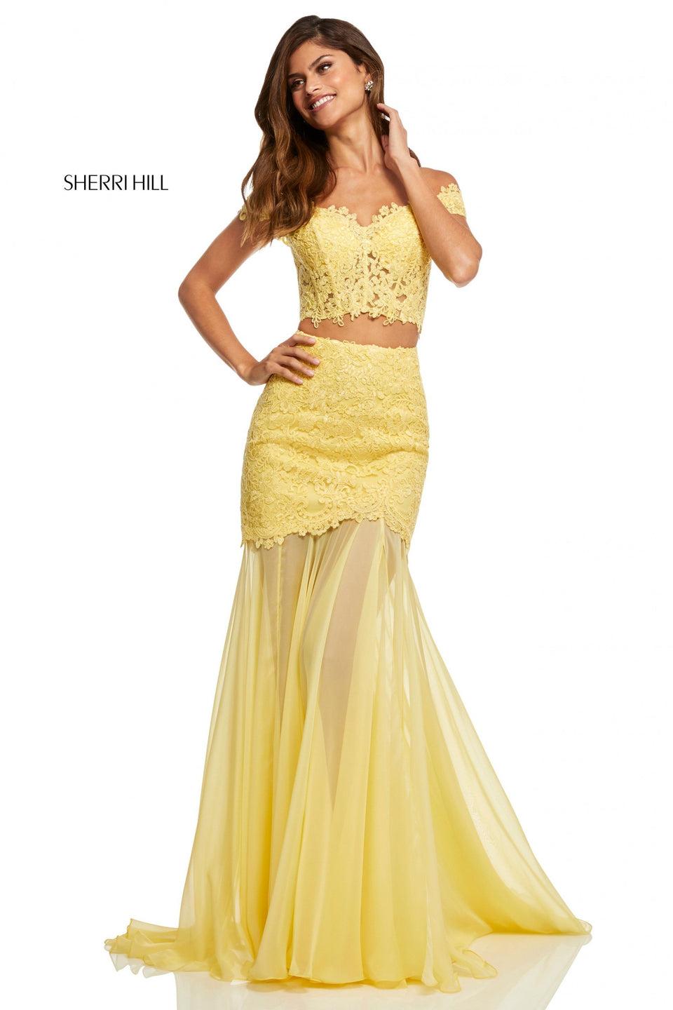 Sherri Hill Two-piece Lace Off-the-shoulder Bodice And Lace And Chiffon Skirt With Slit