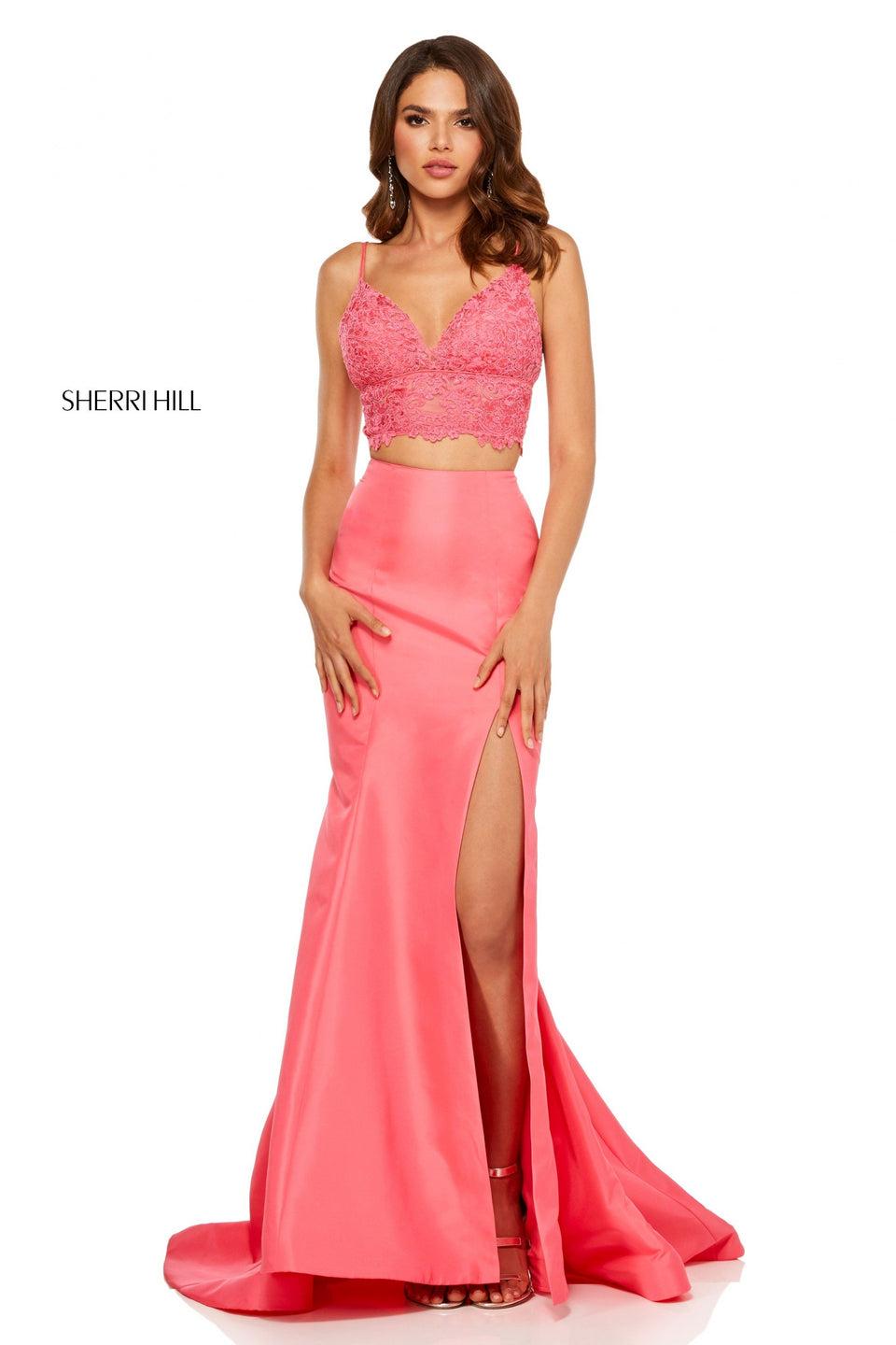 Sherri Hill Two-piece Lace Top And Taffeta Mermaid Skirt With A Side Slit