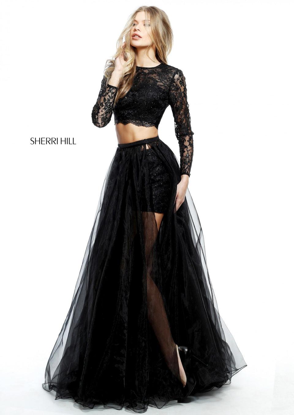 Sherri Hill Two Piece Long Sleeve Lace Bodice With Cut Out Back And Matching Shorts With Slit Tulle Ball Gown Overskirt