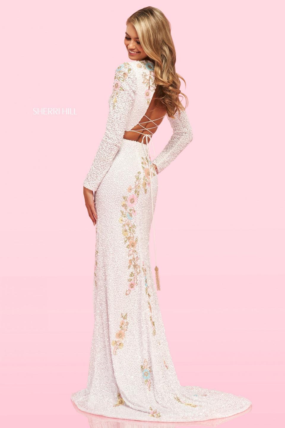 Sherri Hill Two Piece Long Sleeve Sequin Pattern With Flower Embroidery Detail Open Lace Up Back And A High Slit