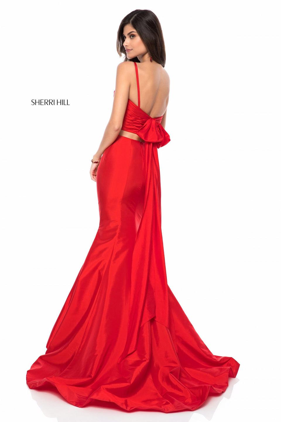 Sherri Hill Two Piece Mermaid Gown With A Criss Cross Sweetheart Neck And A Bow In The Back