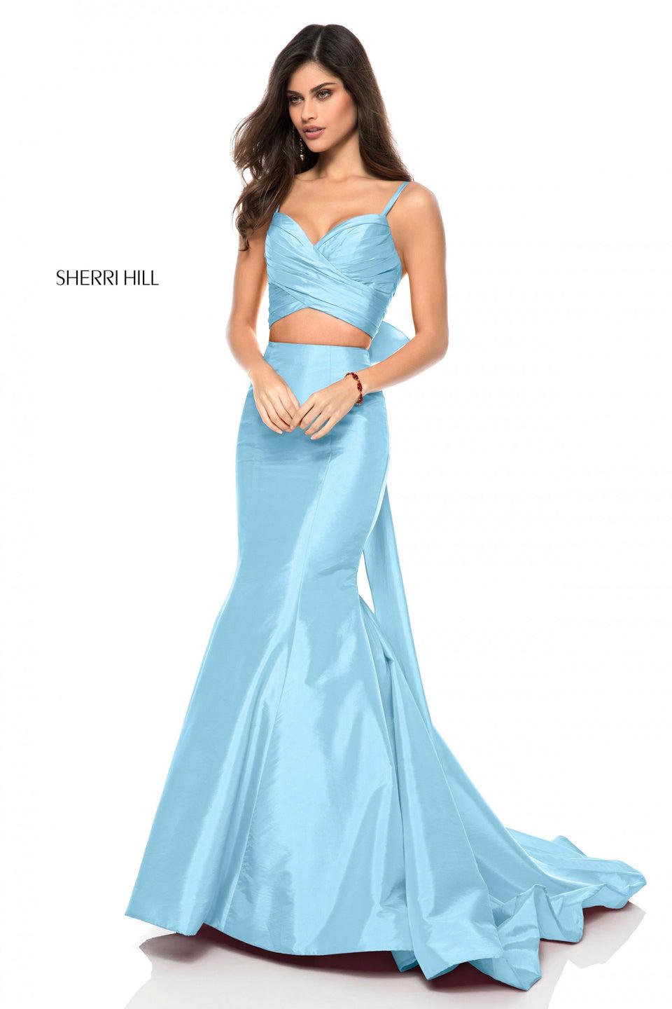 Sherri Hill Two Piece Mermaid Gown With A Criss Cross Sweetheart Neck And A Bow In The Back