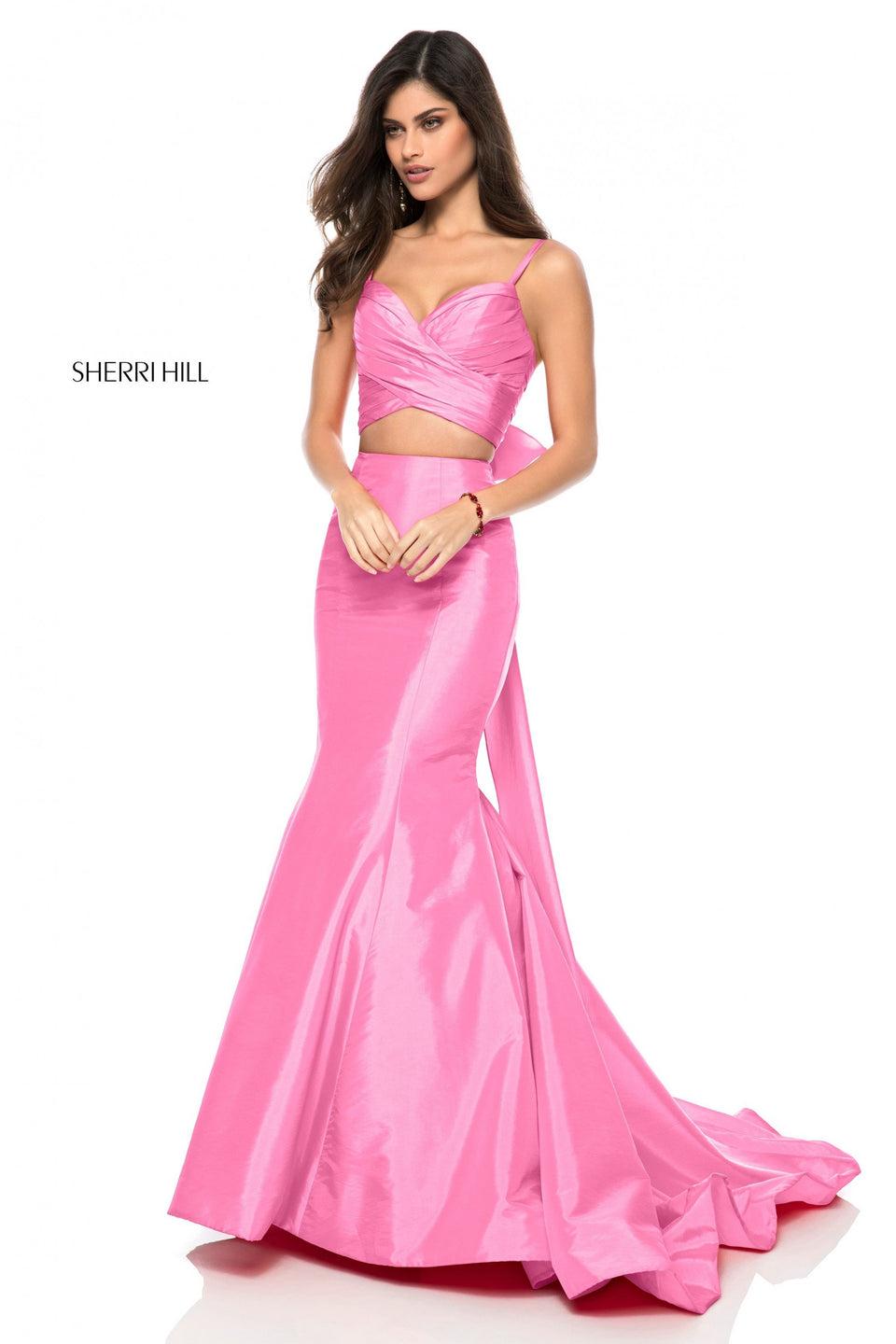 Sherri Hill Two Piece Mermaid Gown With A Criss Cross Sweetheart Neck And A Bow In The Back